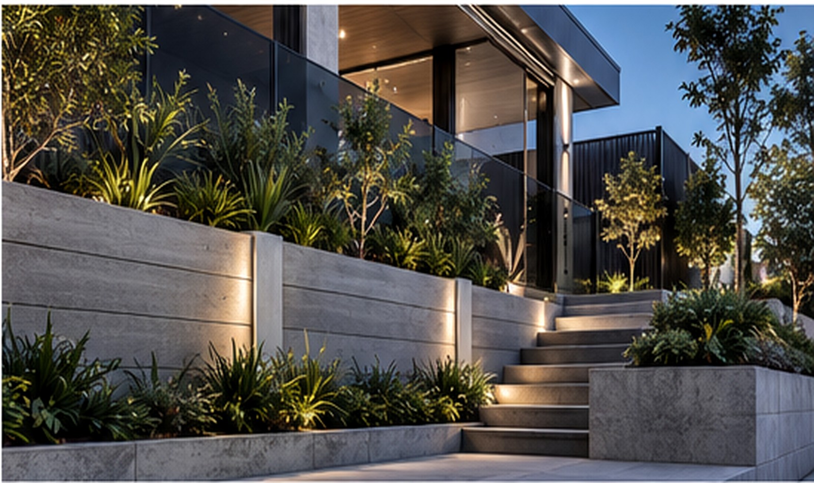 High-end landscaped home with integrated concrete sleeper retaining and architectural boundary work