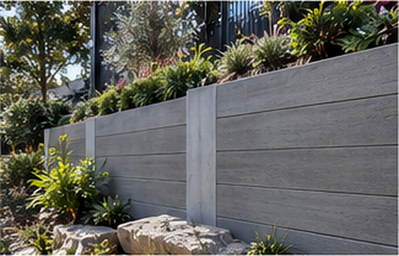 Premium concrete sleeper retaining wall integrated into landscaped residential property